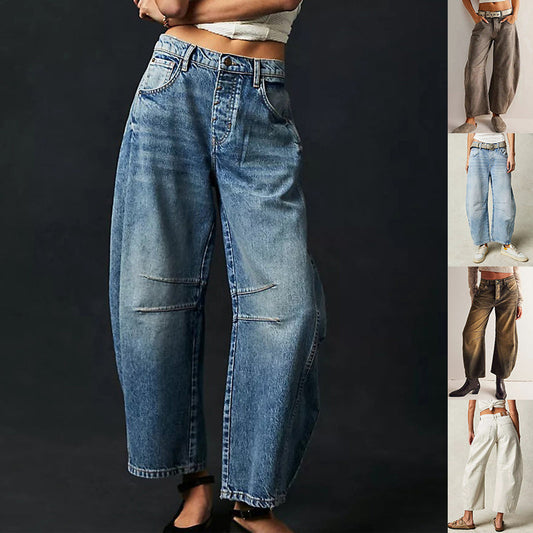 High Stretch Mid-Rise Barrel Jeans Fashion Wide Leg Shape Women Casual Baggy Mid Waist Denim Jeans hanyelevate