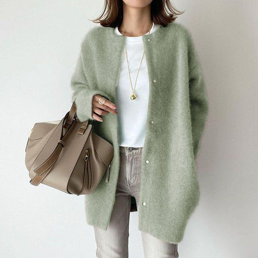 Autumn & Winter Women’s Solid Color Cardigan – Loose Round Neck Single Breasted Coat hanyelevate