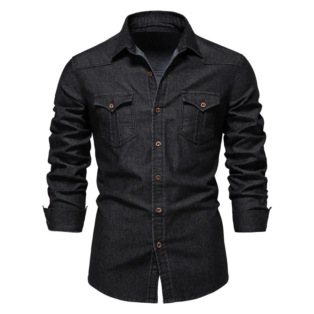 Men’s Long-Sleeve Slim Fit Denim Shirt – Casual Button-Up Top hanyelevate