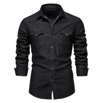 Men’s Long-Sleeve Slim Fit Denim Shirt – Casual Button-Up Top hanyelevate
