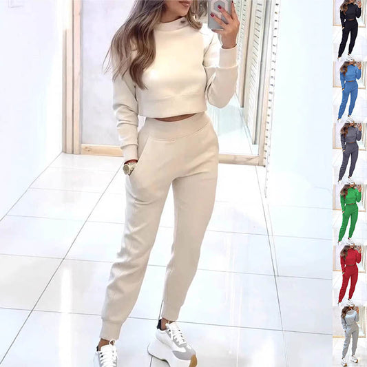 Fashionable Women’s Sportswear Set – Stand Collar Pullover & Slim Fit Pants with Pockets hanyelevate