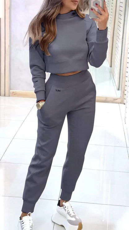 Fashionable Women’s Sportswear Set – Stand Collar Pullover & Slim Fit Pants with Pockets hanyelevate