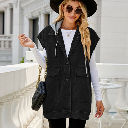 Unisex Denim Lapel Jacket – Casual Streetwear with Hood & Detachable Hood Options