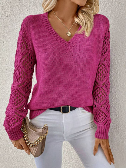 Solid V-Neck Hollow Sleeve Pullover Sweater – Women’s Fashion Long Sleeve Top hanyelevate