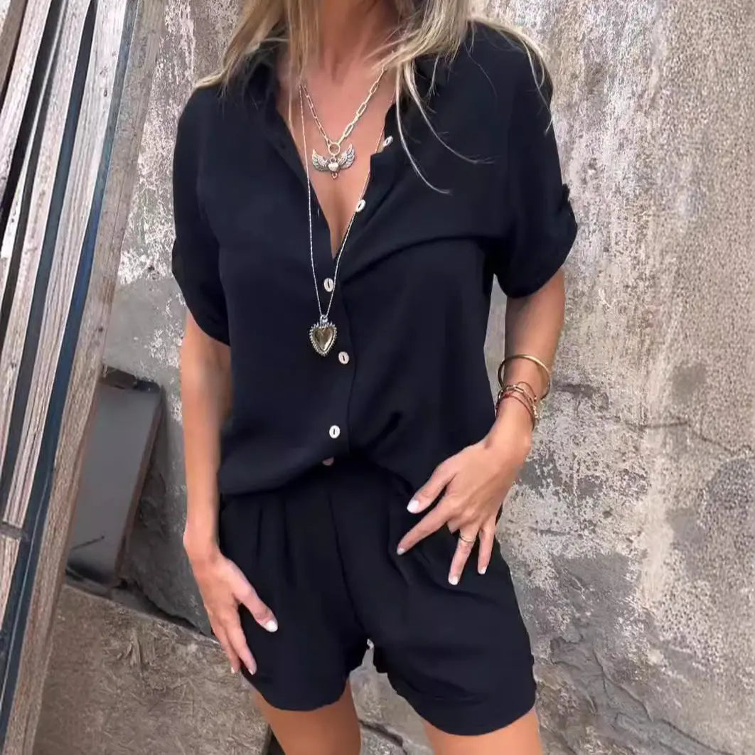 Trendy Women’s Short Sleeve Suit Set – Lapel Shirt and Shorts with Pockets hanyelevate
