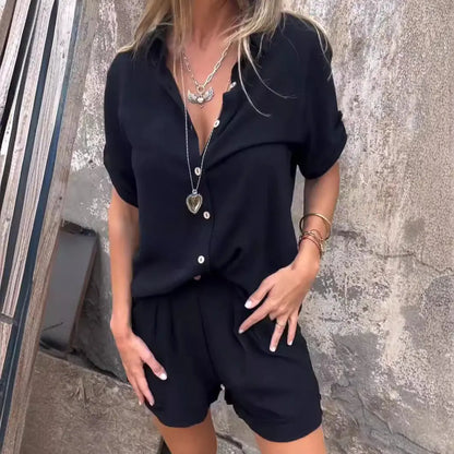 Trendy Women’s Short Sleeve Suit Set – Lapel Shirt and Shorts with Pockets hanyelevate