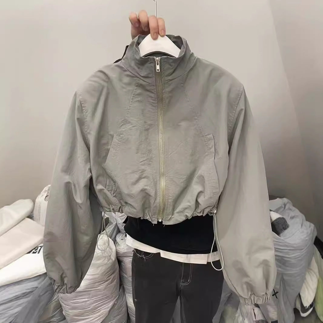 Women’s Solid Color Nylon Lantern Sleeve Top – Loose Fit, Long Sleeve, Temperament Commute Style
