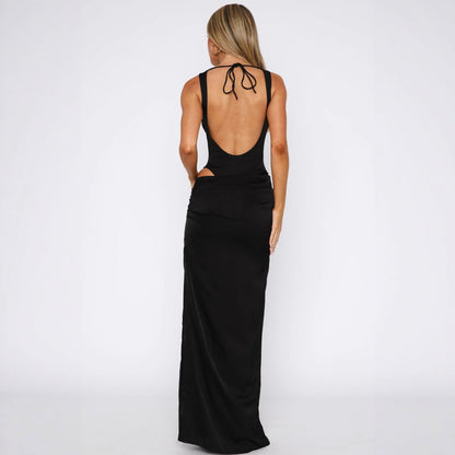 Women’s Solid Color Sleeveless Long Dress – Socialite Style with Slit