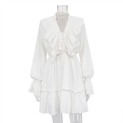 Women’s Short Dress with V Neck and Flared Sleeves – Pleated Ruffle Detail hanyelevate