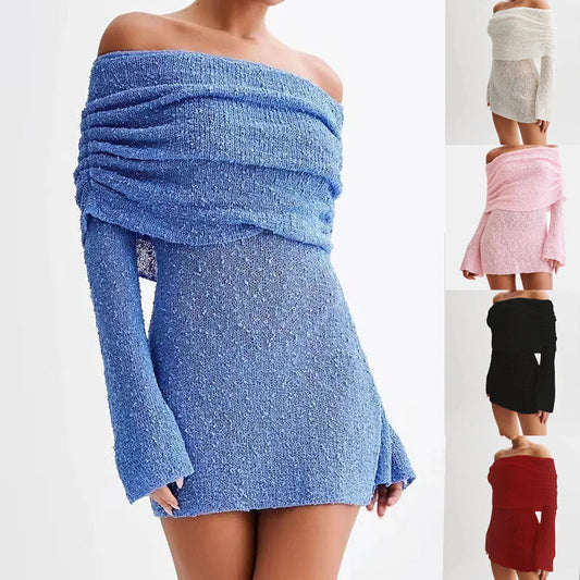 Women’s Spring Summer Knitted Mini Dress – Off Shoulder Long Sleeve Bodycon Party Dress hanyelevate