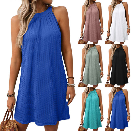 Women’s Sleeveless Knitted Jacquard Mid Skirt – Solid Color Street Fashion