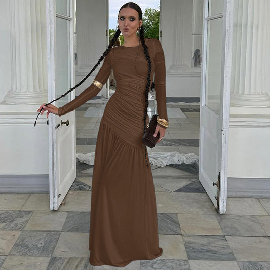 Women’s Asymmetric Long Dress – Solid Color Spliced Pullover | S–L hanyelevate
