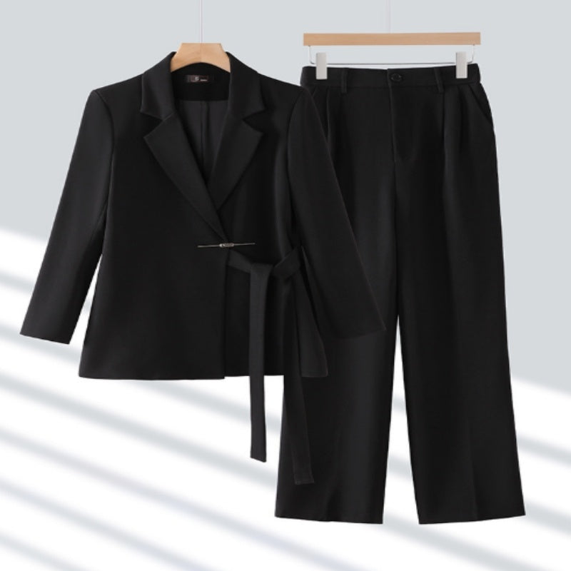 Women’s 2-Piece Suit Set – Long Sleeve Coat & Trousers | Polyester | Pink, Black, Milky White | S–3XL
