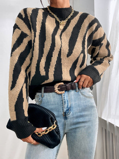 Women’s Animal Print Pullover Sweater – Loose Fit | S–XL | Khaki, Pink, Caramel hanyelevate