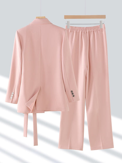 Women’s 2-Piece Suit Set – Long Sleeve Coat & Trousers | Polyester | Pink, Black, Milky White | S–3XL