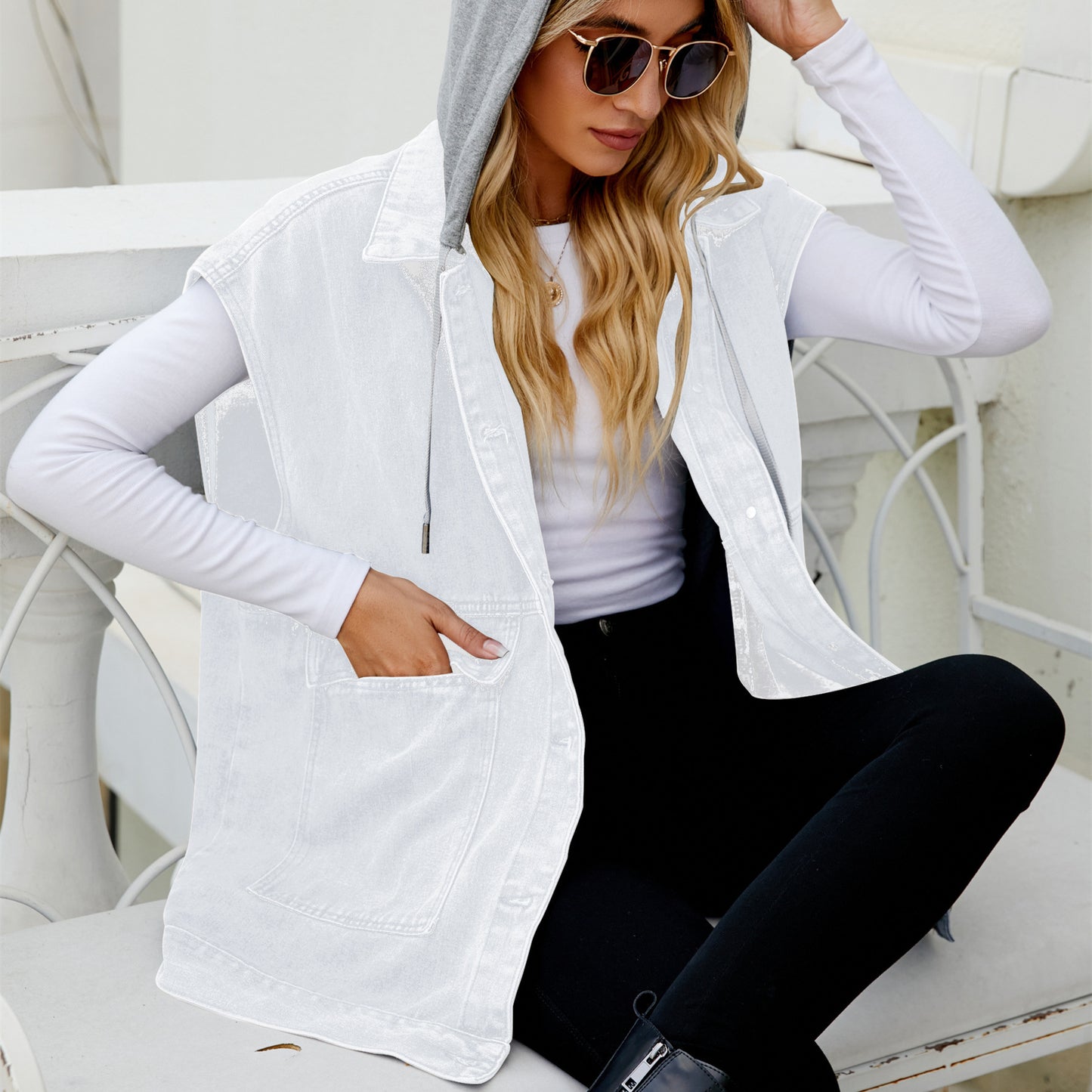 Unisex Denim Lapel Jacket – Casual Streetwear with Hood & Detachable Hood Options