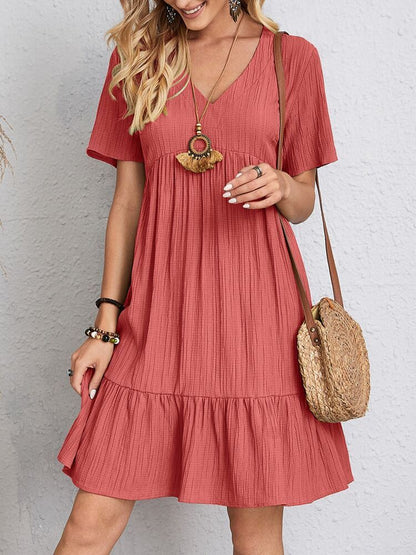 Women’s V-Neck Short Sleeve Summer Dress – Casual Loose Ruffled Beach Dress hanyelevate