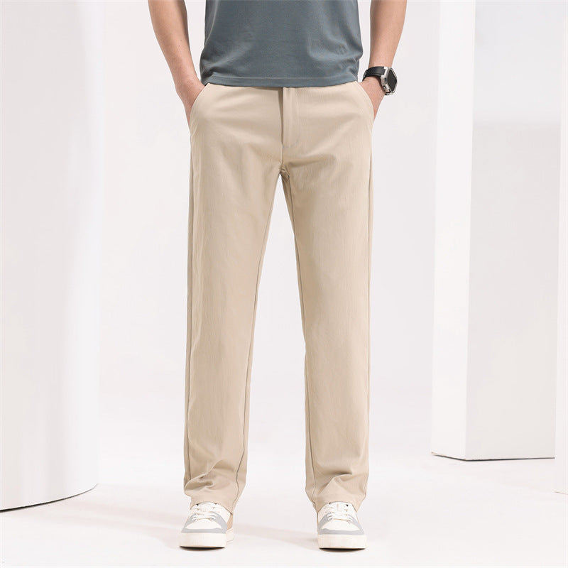 Men’s Youth Basic Mid-Waist Trousers – Thin Polyester Blend, Zipper Fly Casual Pants