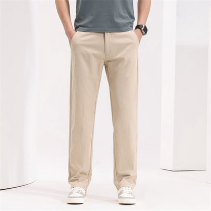Men’s Youth Basic Mid-Waist Trousers – Thin Polyester Blend, Zipper Fly Casual Pants