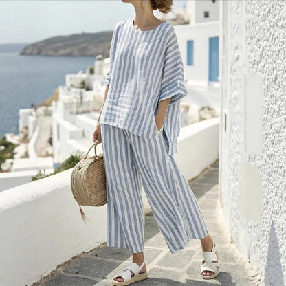 women’s striped co-ord set with batwing top and solid pants hanyelevate