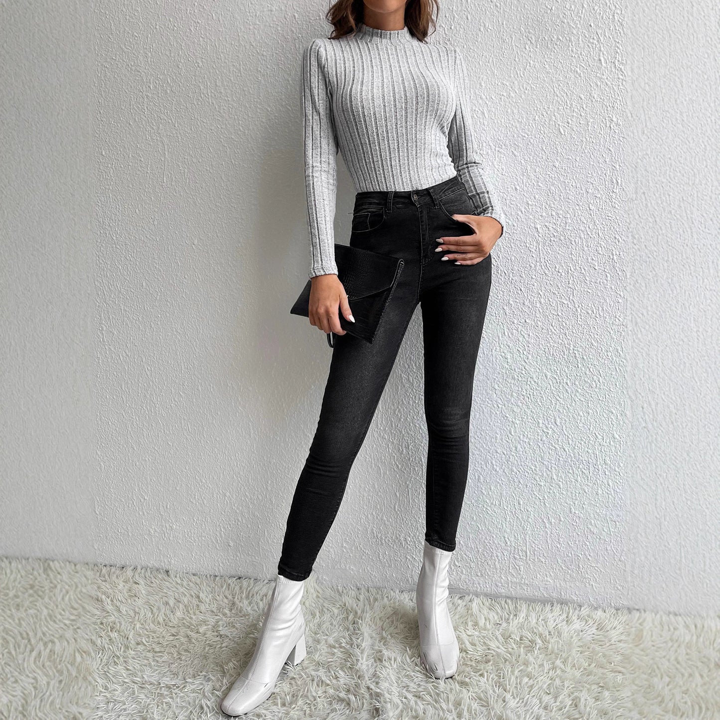 Women’s Slim Fit Striped/Plaid Long Sleeve Top – Light Gray | S–XL