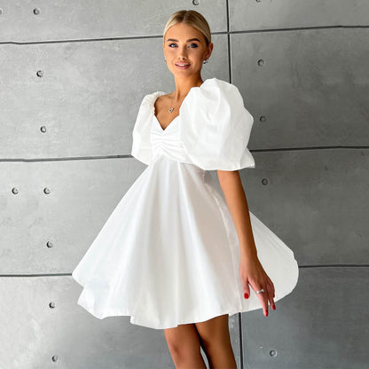 Women’s Puff Sleeve Cotton Dress – High Waist Short Sleeve Summer Outfit | S–L | White, Black, Rose Red, Green, Light Blue