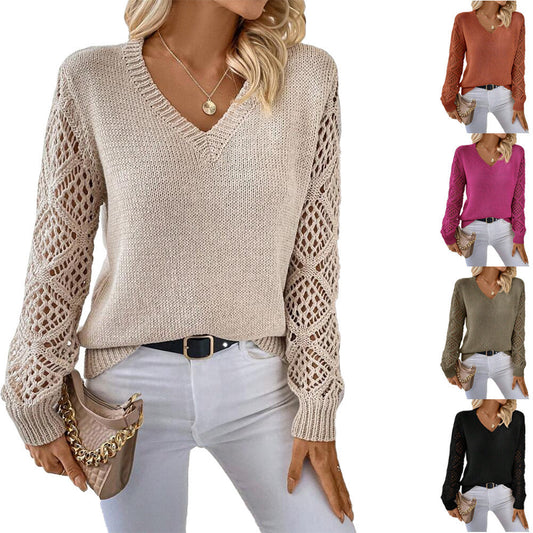 Solid V-Neck Hollow Sleeve Pullover Sweater – Women’s Fashion Long Sleeve Top hanyelevate