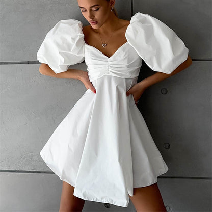 Women’s Puff Sleeve Cotton Dress – High Waist Short Sleeve Summer Outfit | S–L | White, Black, Rose Red, Green, Light Blue
