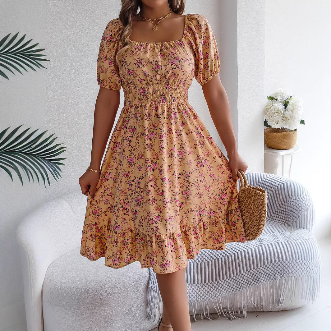 Summer Fashion Ruffle Dress – Women’s Floral Print Square Neck Dress hanyelevate