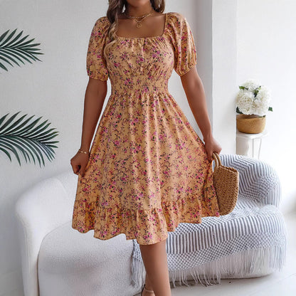 Summer Fashion Ruffle Dress – Women’s Floral Print Square Neck Dress hanyelevate
