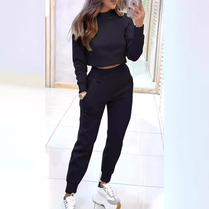 Fashionable Women’s Sportswear Set – Stand Collar Pullover & Slim Fit Pants with Pockets hanyelevate
