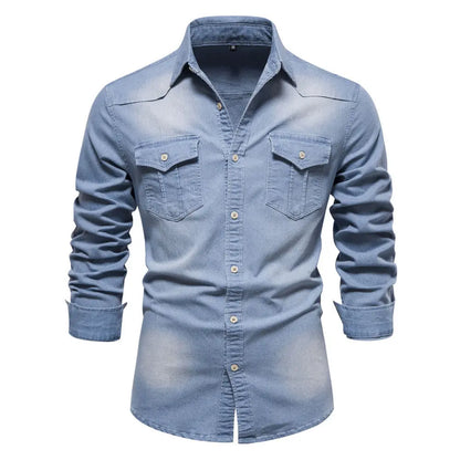 Men’s Long-Sleeve Slim Fit Denim Shirt – Casual Button-Up Top hanyelevate