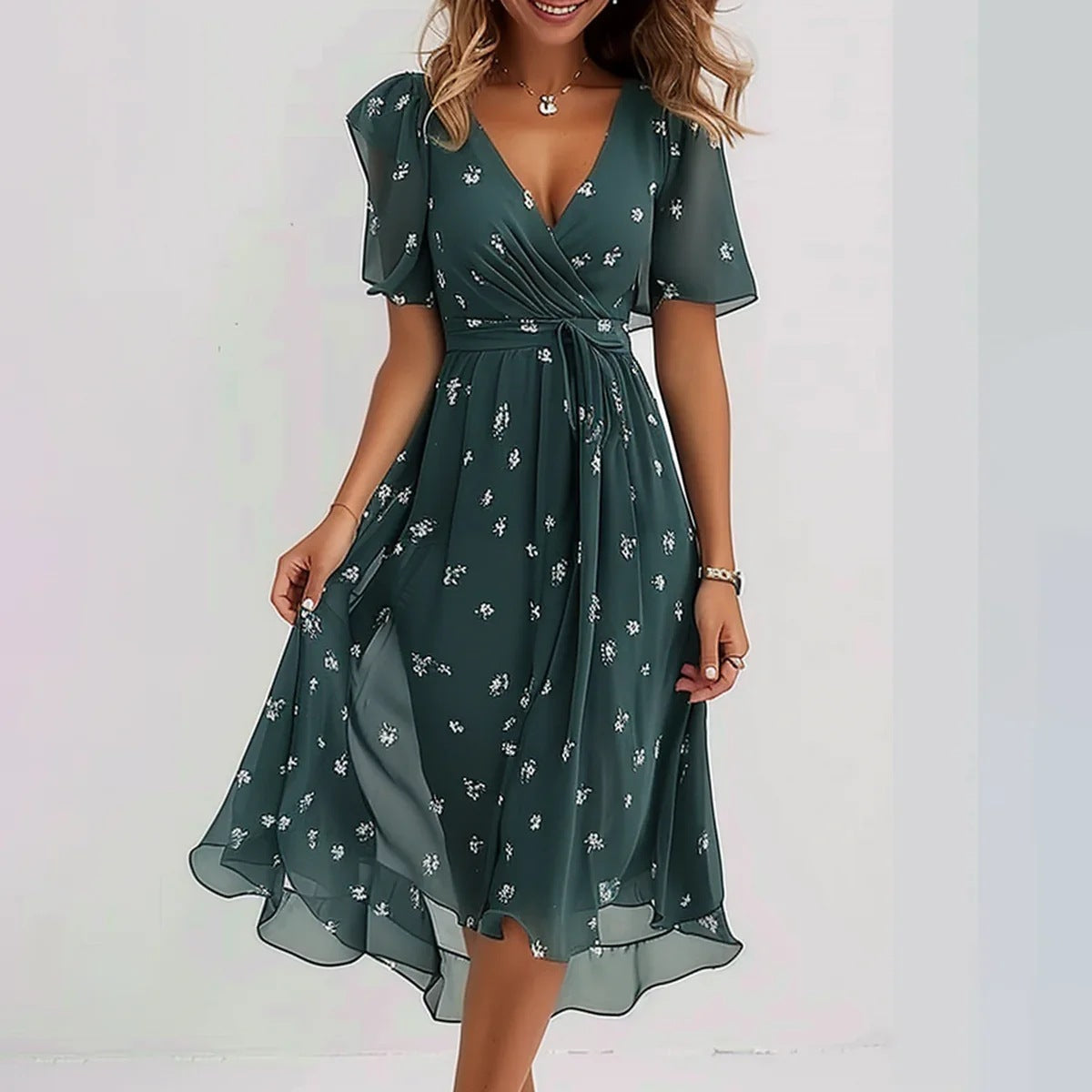 Women’s Summer Chiffon Dress – Elegant V-Neck Printed Short Sleeve Dress hanyelevate