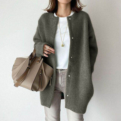Autumn & Winter Women’s Solid Color Cardigan – Loose Round Neck Single Breasted Coat hanyelevate