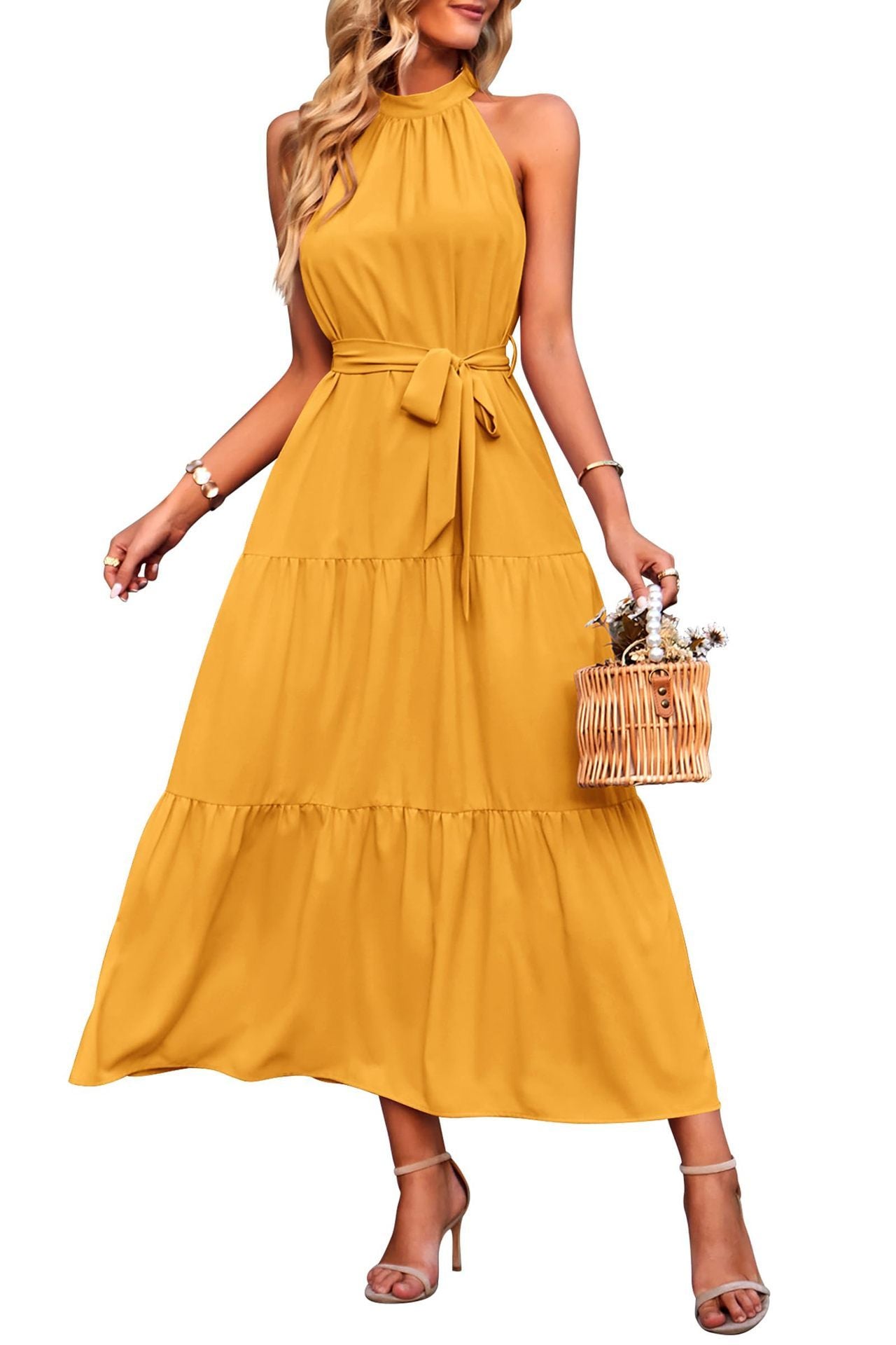 Women’s European & American Style Cake Dress – Lace-Up Long Sleeveless Dress