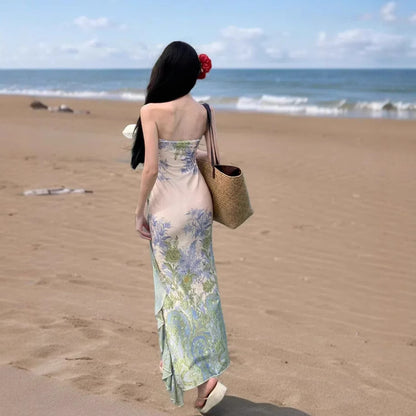 Women’s Asymmetric Floral Chest-Wrap Long Dress – Sleeveless Summer Maxi, S–L