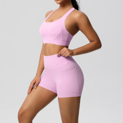 Women’s Solid Color Sports Bra & Pocket Shorts Set – Tight Fitness Outfit for Running & Gym, S–XL