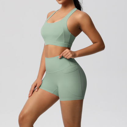 Women’s Solid Color Sports Bra & Pocket Shorts Set – Tight Fitness Outfit for Running & Gym, S–XL