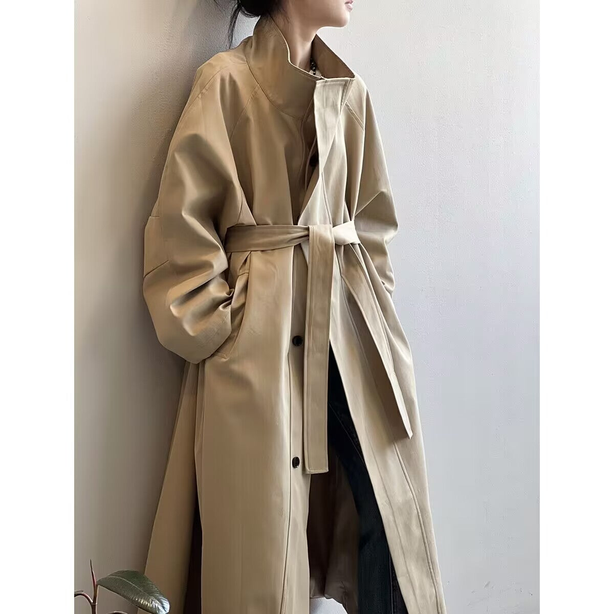 Stand Collar Women's Trench Coat – Mid-Length, Chic Outerwear for Spring & Fall hanyelevate