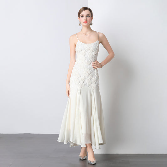Elegant Apricot Fishtail Sling Dress | High Waist | Embroidered Long Skirt