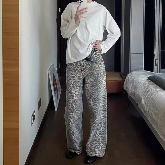 High-Waist Light Leopard Print Denim Trousers | Women’s Casual Streetwear hanyelevate