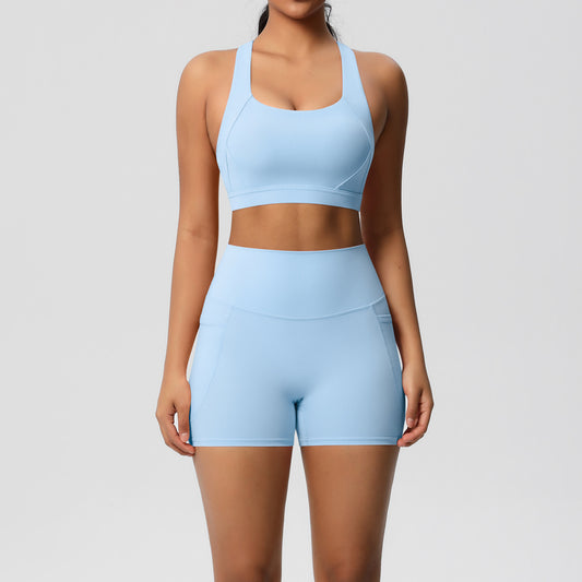 Women’s Solid Color Sports Bra & Pocket Shorts Set – Tight Fitness Outfit for Running & Gym, S–XL