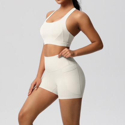 Women’s Solid Color Sports Bra & Pocket Shorts Set – Tight Fitness Outfit for Running & Gym, S–XL