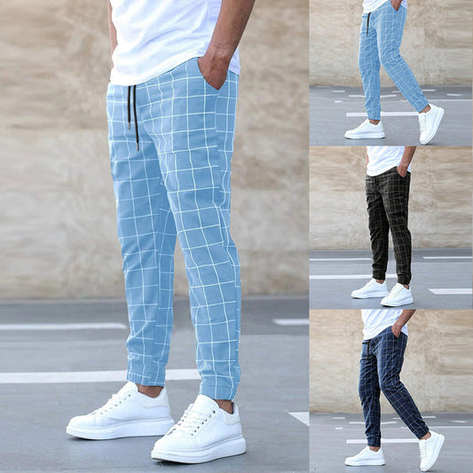 Fashion Plaid Print Pants Casual Drawstring Trousers Men's Clothing hanyelevate
