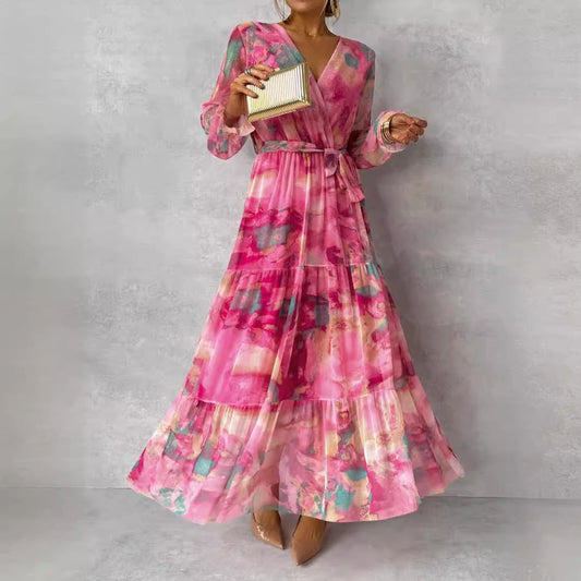 Women’s Floral Chiffon Maxi Dress – Long Sleeve, V-Neck, High-Waisted, Elegant Swing Style hanyelevate