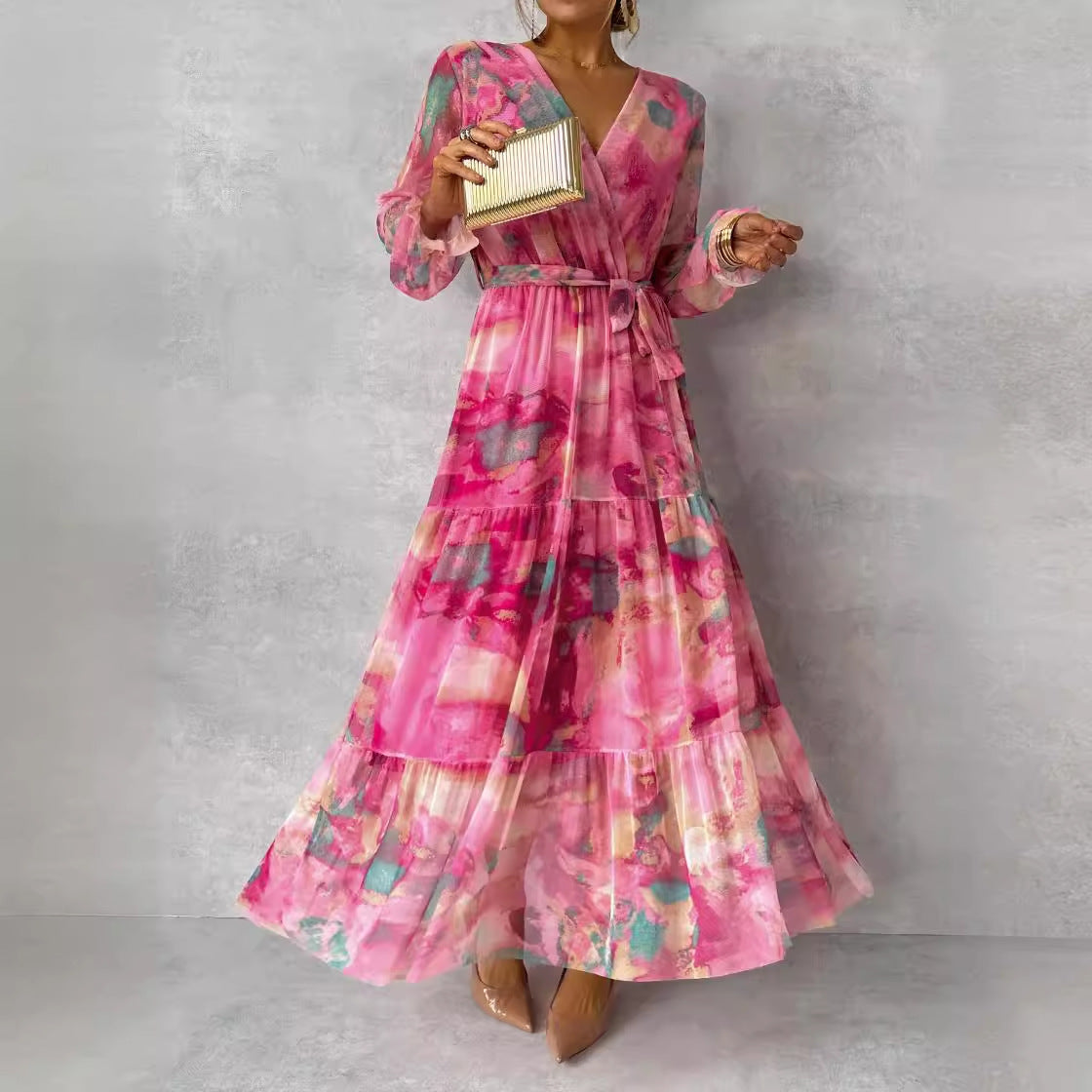 Women’s Floral Chiffon Maxi Dress – Long Sleeve, V-Neck, High-Waisted, Elegant Swing Style hanyelevate