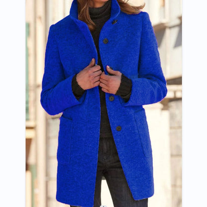 Women’s Stand Collar Woolen Coat – Casual Fall Winter Button Outwear with Pockets hanyelevate