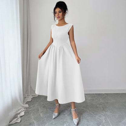Elegant Solid Color A-Line Dress for Women | Dark Blue, Wine Red, Milky White | S–XL