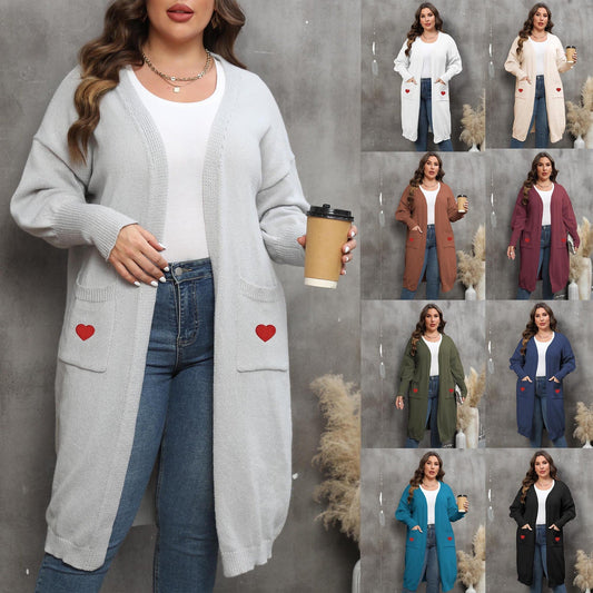 Plus Size Mid-Length Knit Cardigan for Women – Love Pattern, Lantern Sleeves, and Pockets hanyelevate