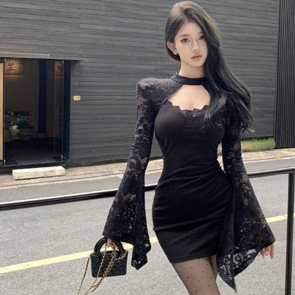 Women’s Black Hip Skirt Dress | High Waist | Sling Style with Bell Sleeves | Sweet & Spicy Socialite Look